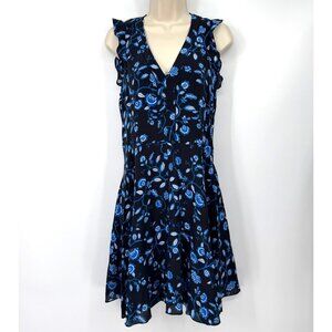 Rebecca Taylor Kyoto Floral Silk Dress woman’s size 4 black Blue Ruffles sleevel